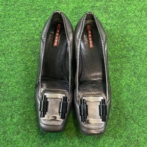 Prada Gunmetal Gray Leather Buckle Flats